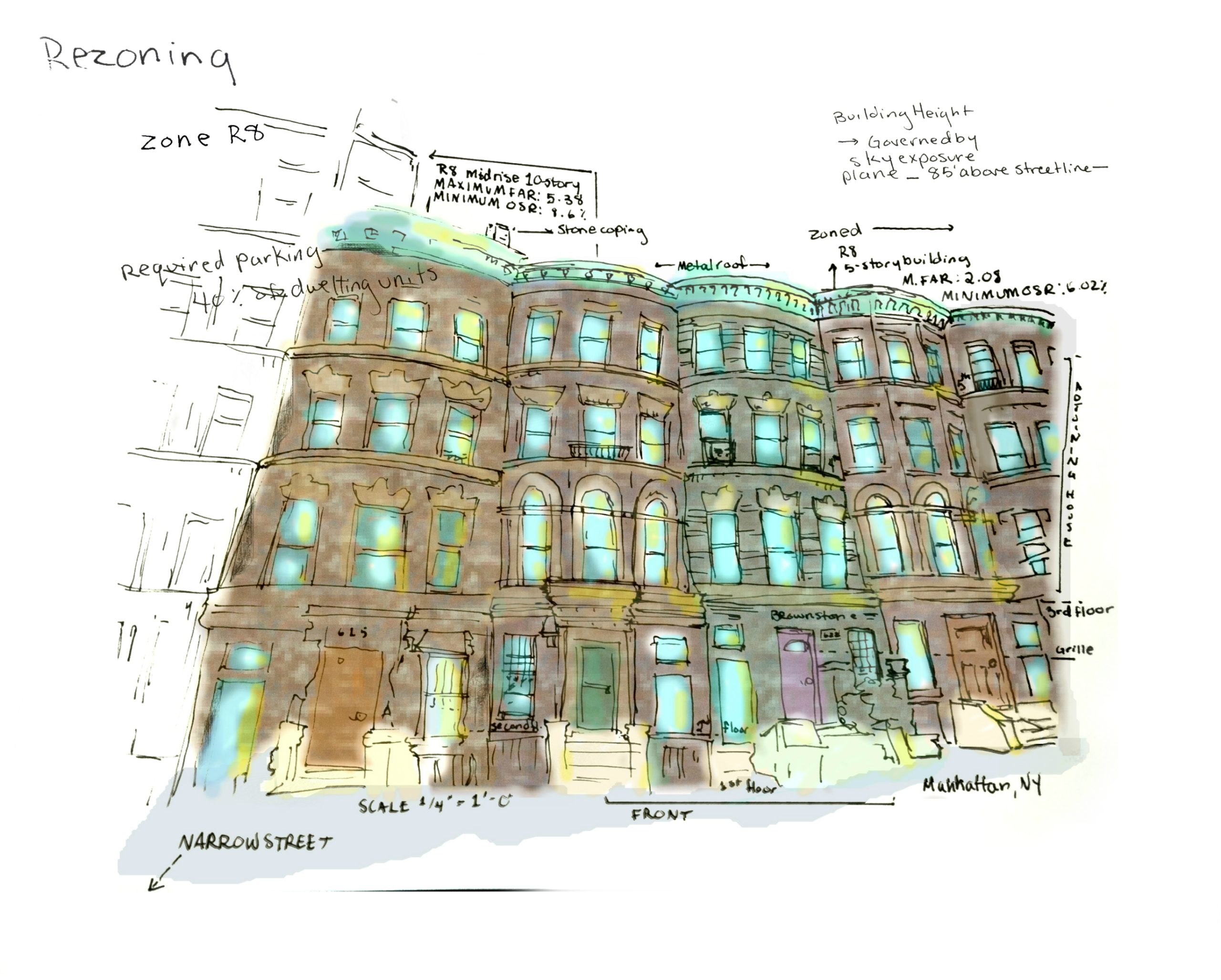 Rezoning brownstone study with architectural drawing, zoning annotations, and colored window studies