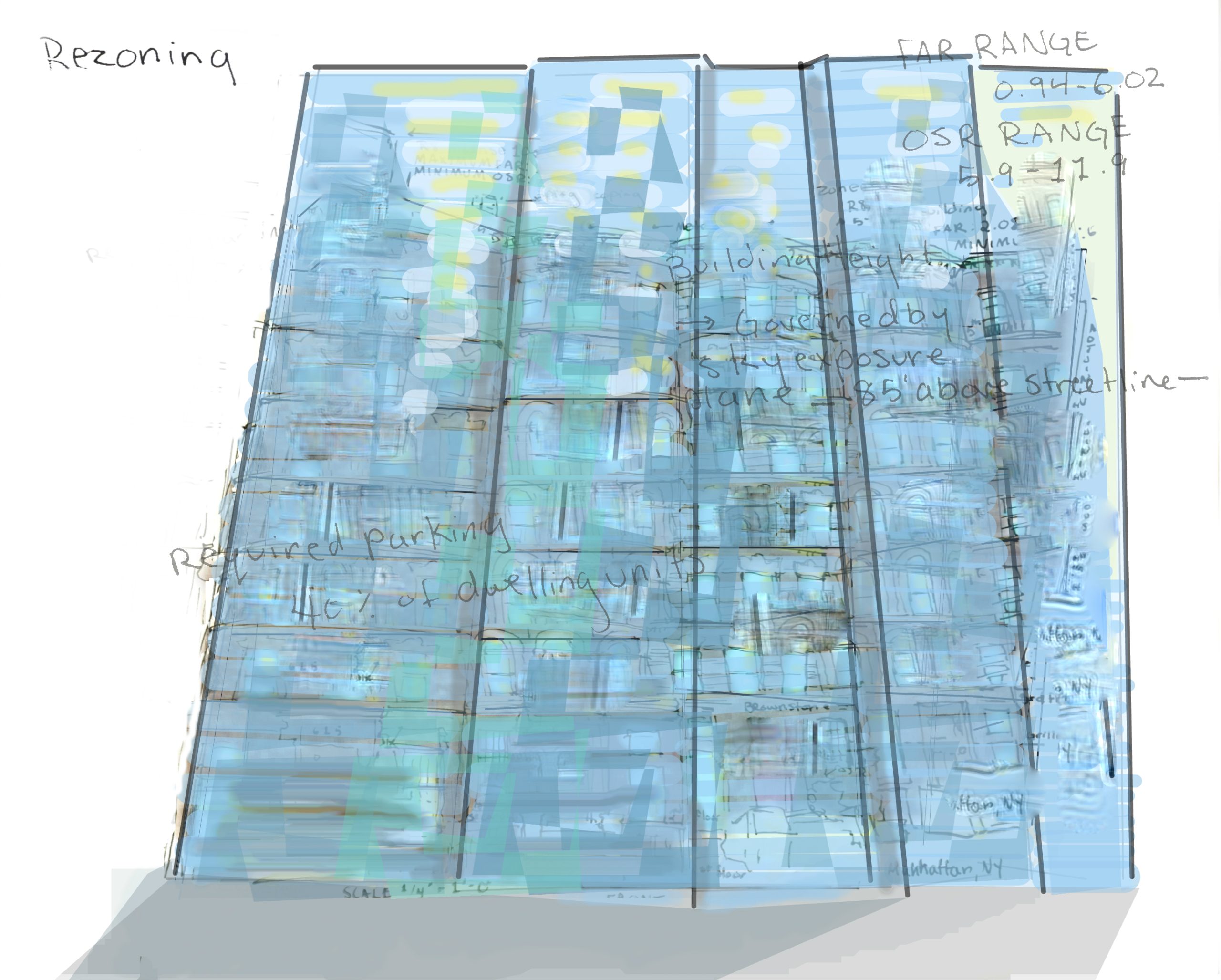 Rezoning process study showing layered brownstone sketches, zoning notes, and translucent digital overlays